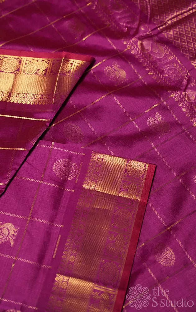 Magenta big zari checks ten yards silk cotton saree