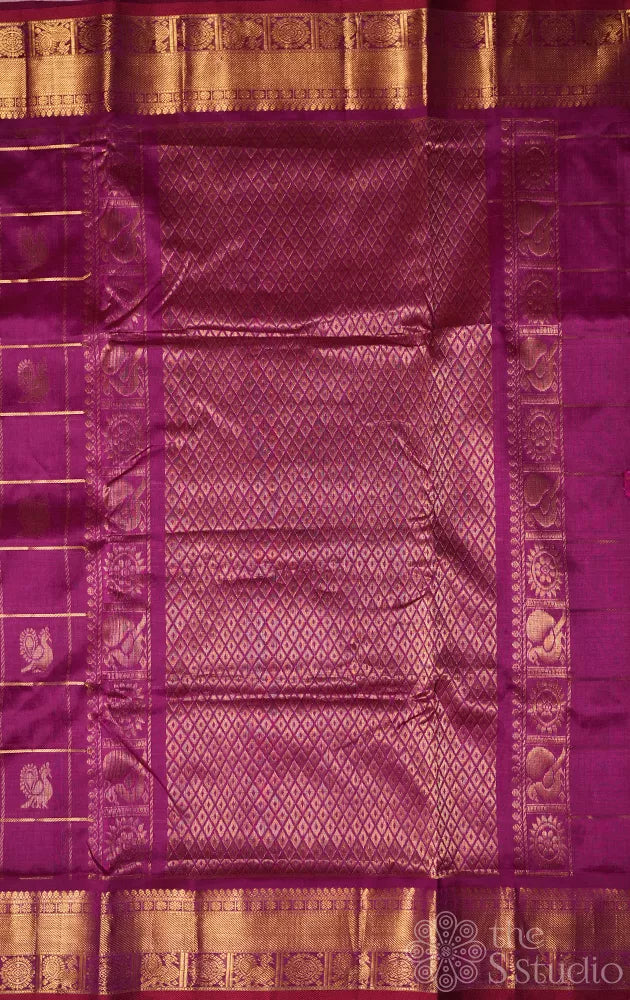 Magenta big zari checks ten yards silk cotton saree