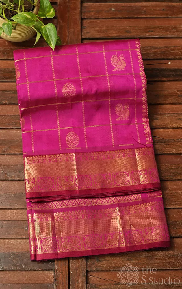 Rani pink ten yards silk cotton saree with big zari checks