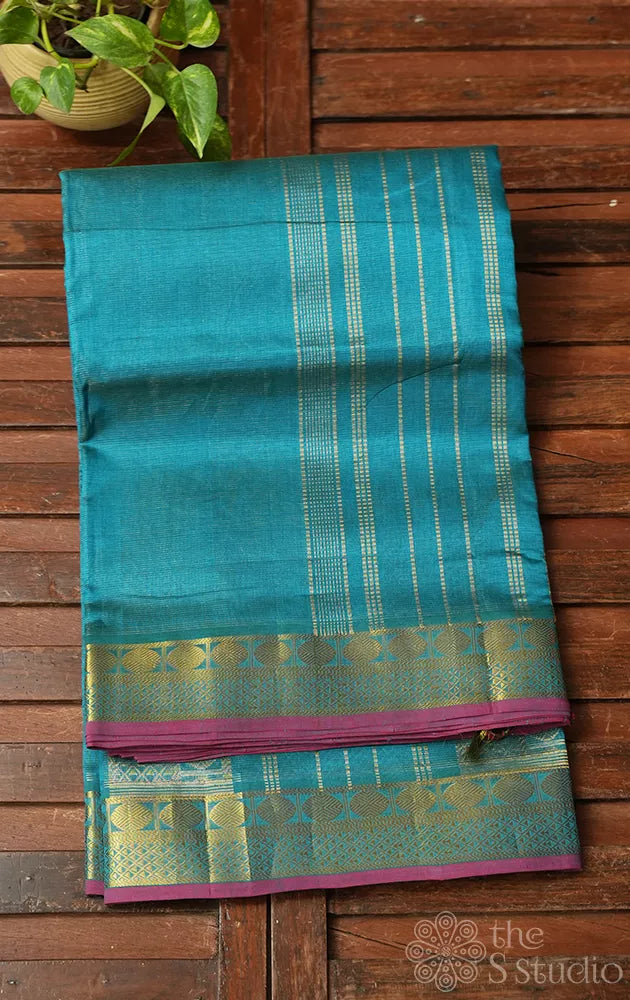 Sea blue vairaoosi ten yards silk cotton saree with maroon selvedge