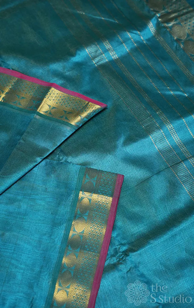 Sea blue vairaoosi ten yards silk cotton saree with maroon selvedge