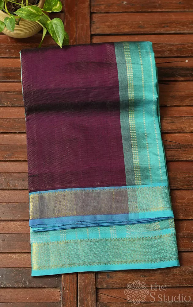 Dark purple vairaoosi ten yards silk cotton saree with sea blue border