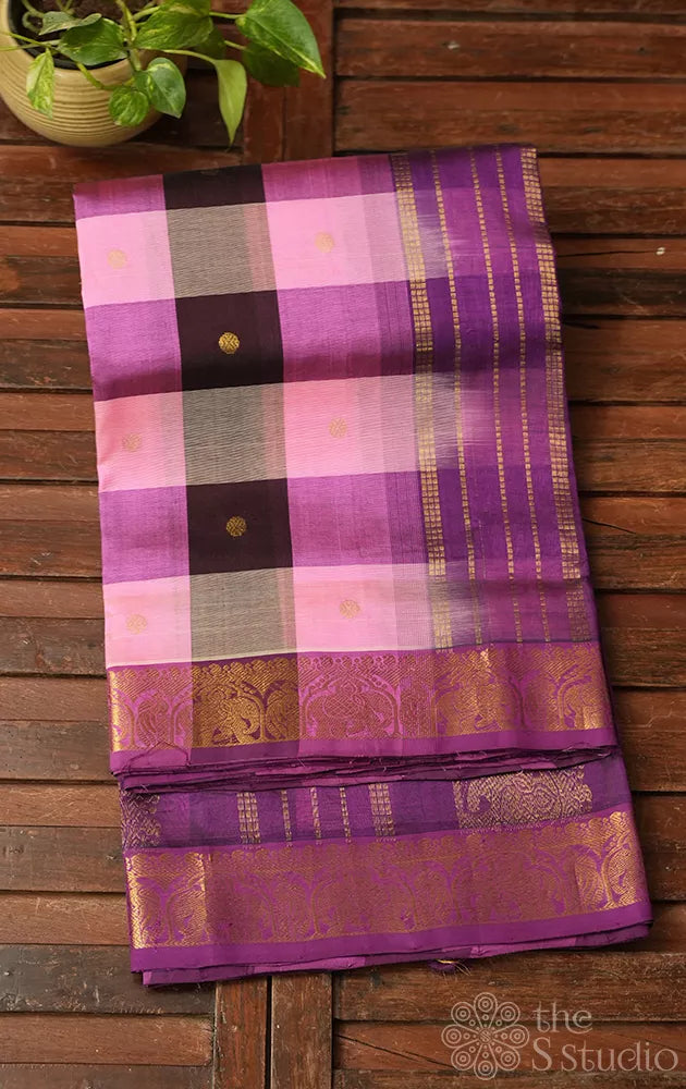 Multicolour ten yards checked silk cotton saree with zari border