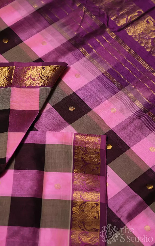 Multicolour ten yards checked silk cotton saree with zari border