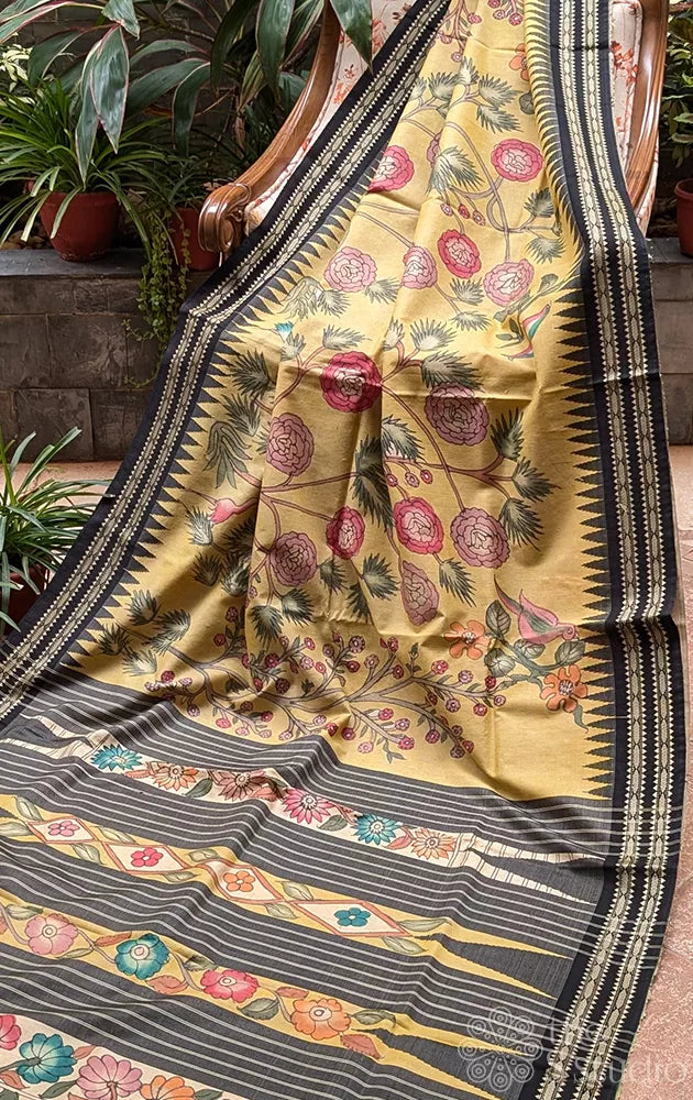 Yellow raw silk hand painted saree with kalamkari and vidharbha border