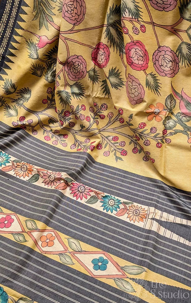 Yellow raw silk hand painted saree with kalamkari and vidharbha border