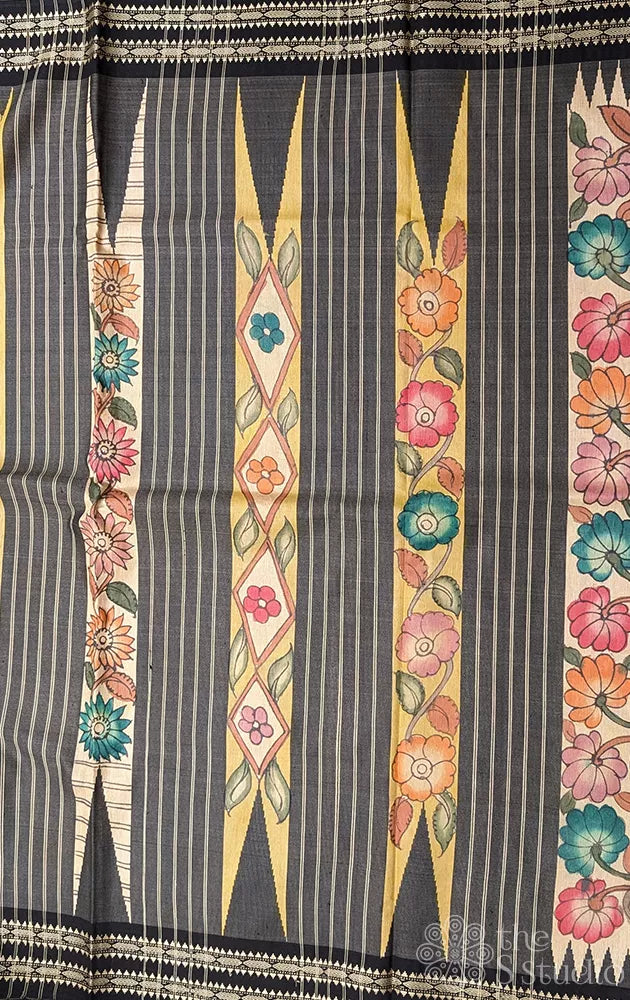 Yellow raw silk hand painted saree with kalamkari and vidharbha border