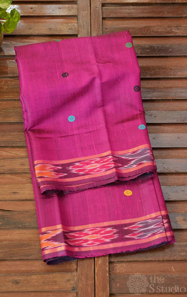 Magenta raw silk saree with ikkat style border