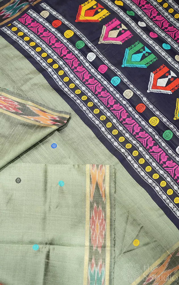 Grey raw silk saree with ikkat border and dolabedi  temple design pallu