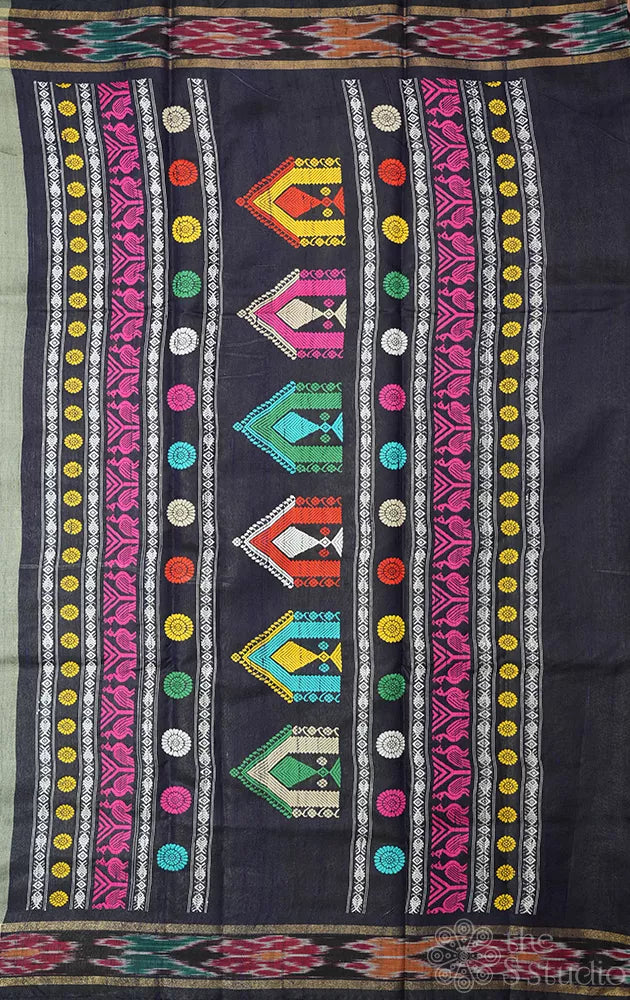Grey raw silk saree with ikkat border and dolabedi  temple design pallu