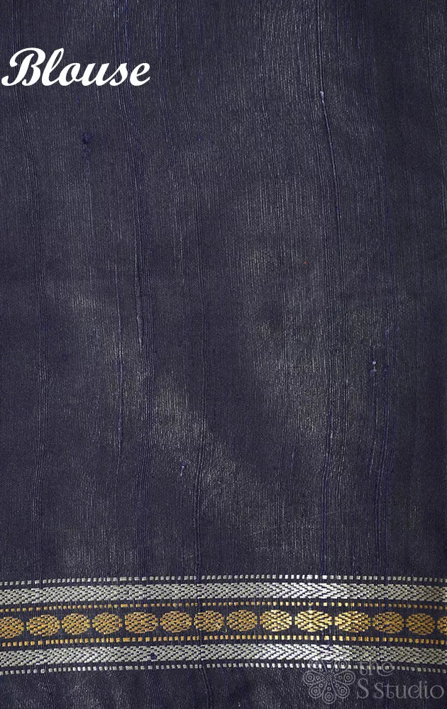 Red raw silk saree with navy blue temple border