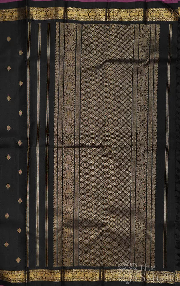 Black kanjivaram silk saree with meenakari butta with dark rani pink selvedge