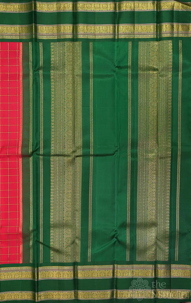 Red checked kanchi pattu saree with green rettaipet border