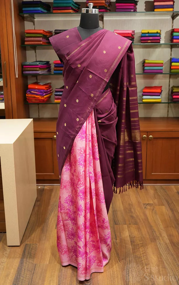 Onion pink and brown reversible kanchipuram silk saree with prints