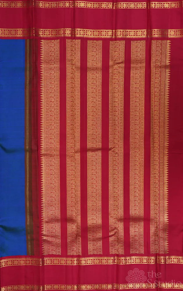 Peacock blue kanchipuram silk saree with korvai rettaipet border