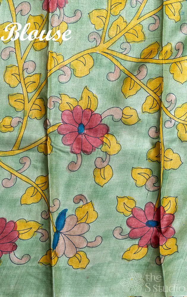 Maroon tussar silk saree with bandhini prints and kalamkari pallu