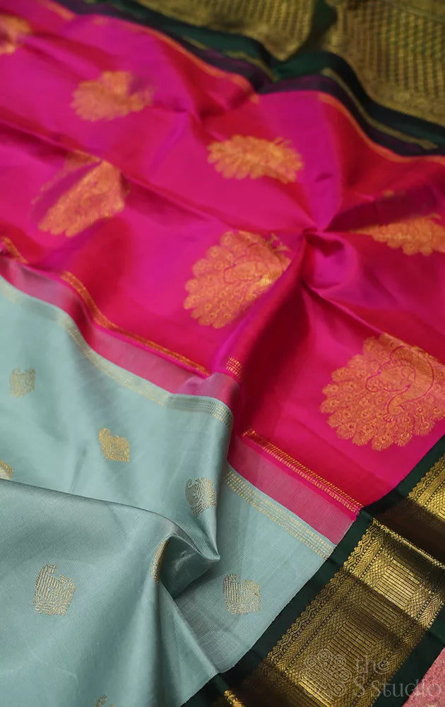 Grey kanjivaram silk saree with ganga jamuna korvai borders