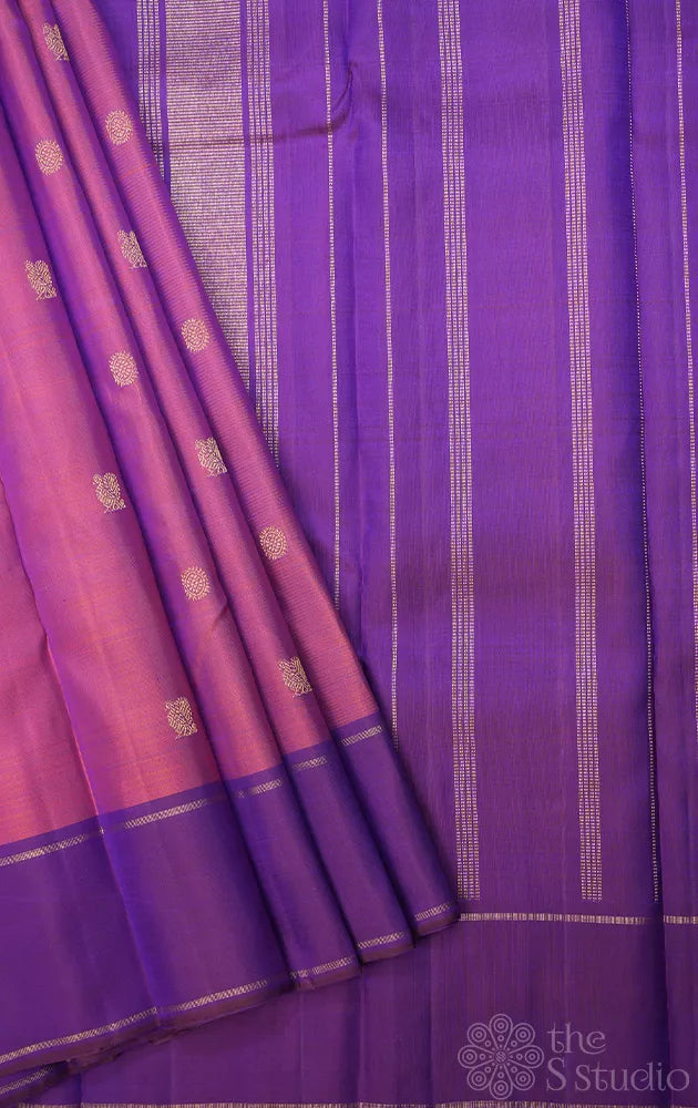 Peachish rose kanchipuram silk saree with violet border