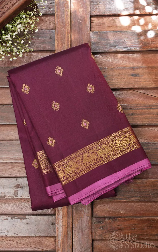 Betel nut brown kanchipuram silk saree with meena buttas