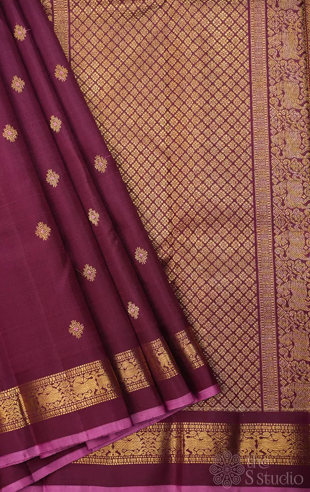 Betel nut brown kanchipuram silk saree with meena buttas