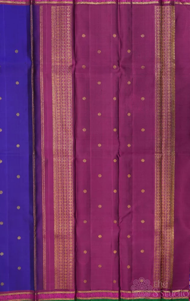 Royal blue kanjivaram silk saree with small magenta border