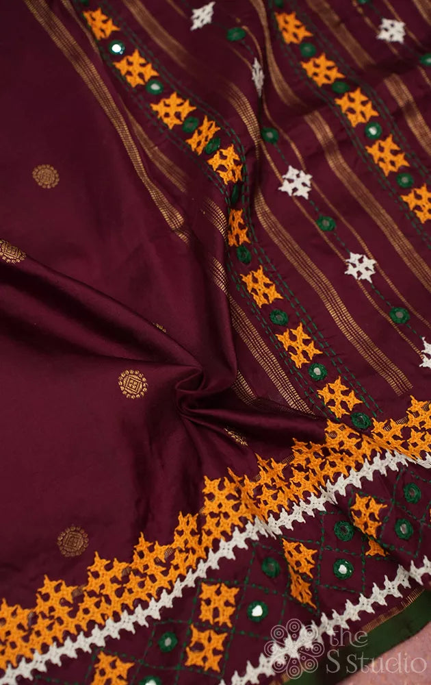 Pakku brown kanchi silk saree with hand kutch embroidery
