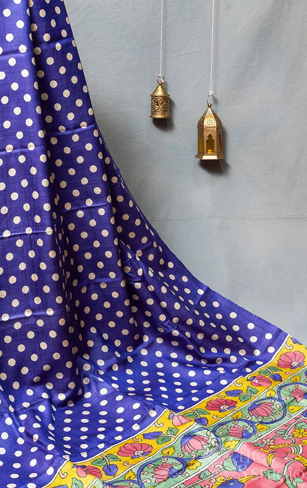 Dark violet tussar silk saree with polka dots and kalamkari pallu