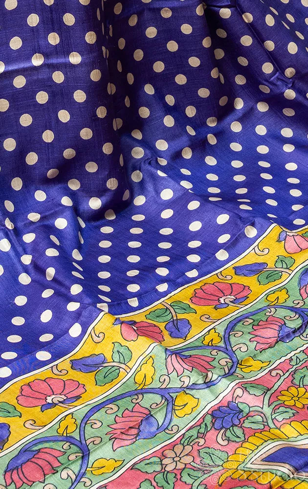 Dark violet tussar silk saree with polka dots and kalamkari pallu