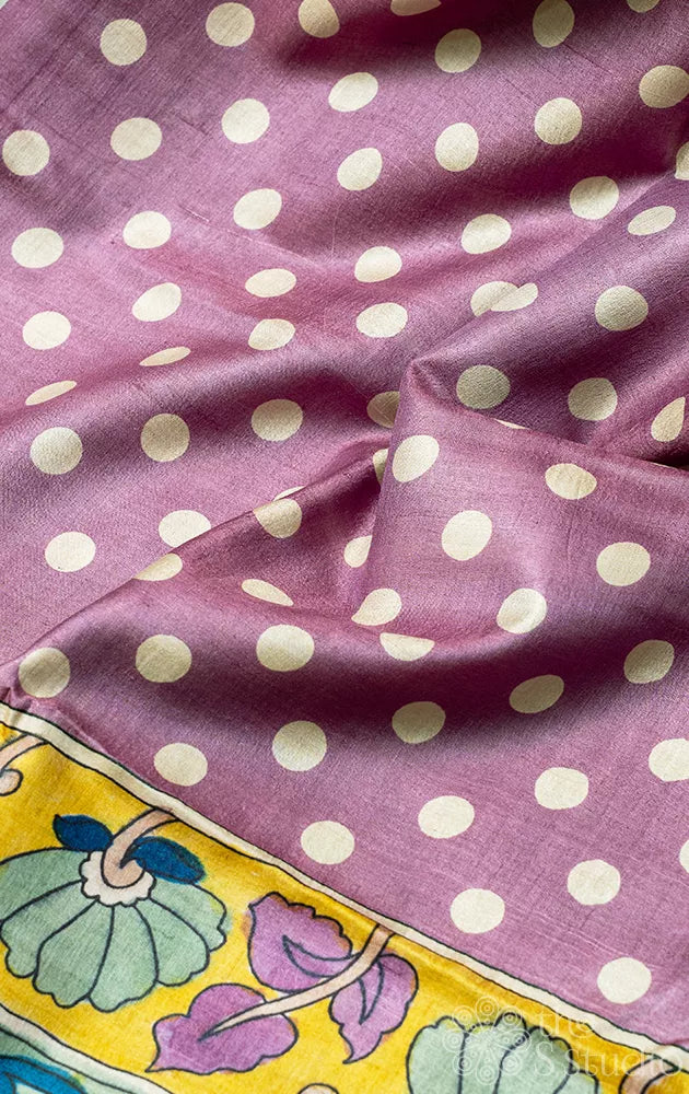 Lavender tussar silk saree with polka dots and kalamkari pallu