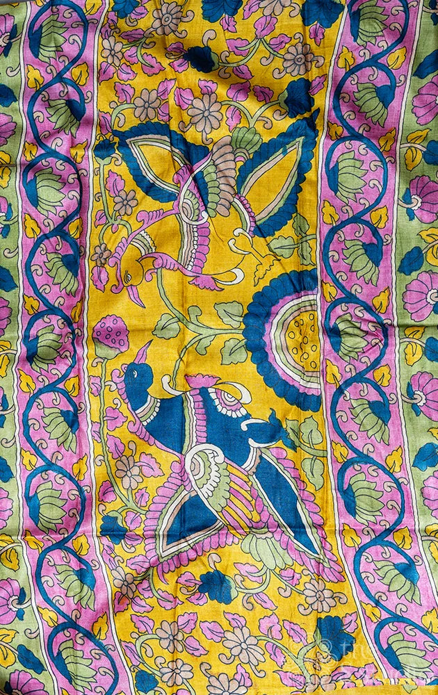 Pink tussar silk saree with hand-painted Kalamkari pallu