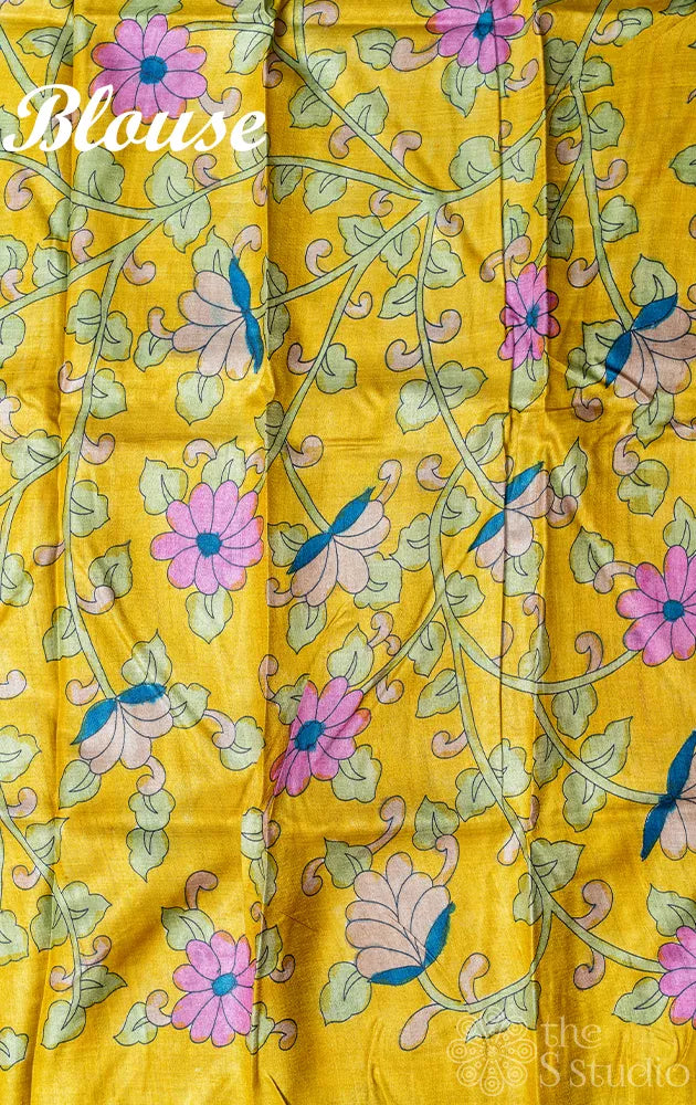 Pink tussar silk saree with hand-painted Kalamkari pallu