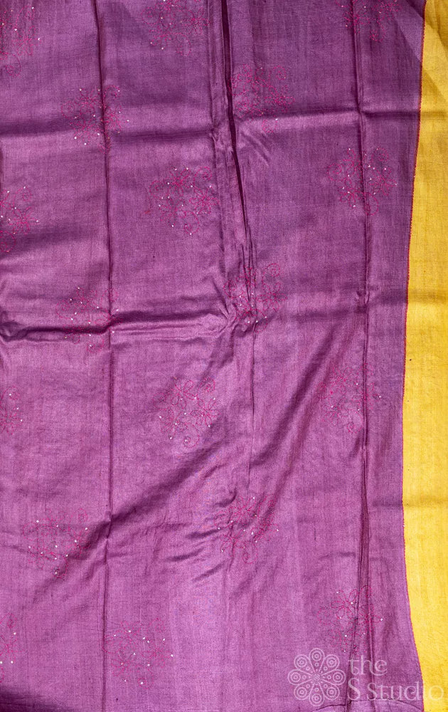 Methi mustard tussar silk saree with block prints and hand embroidery