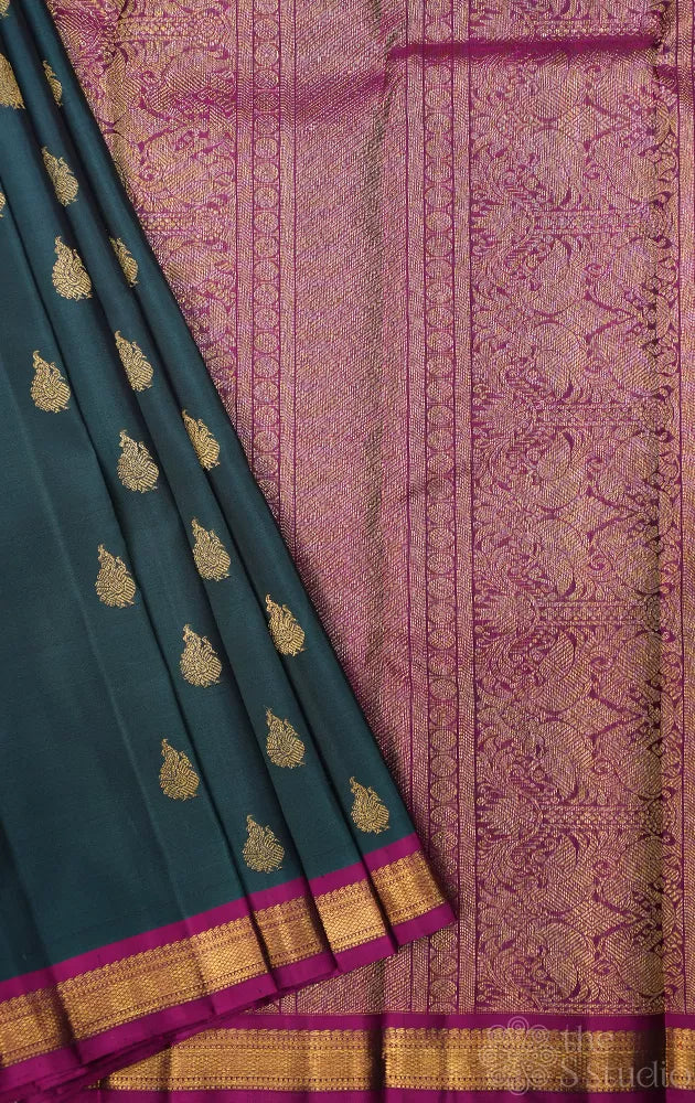 Rama blue with magenta small border kanjivaram silk saree