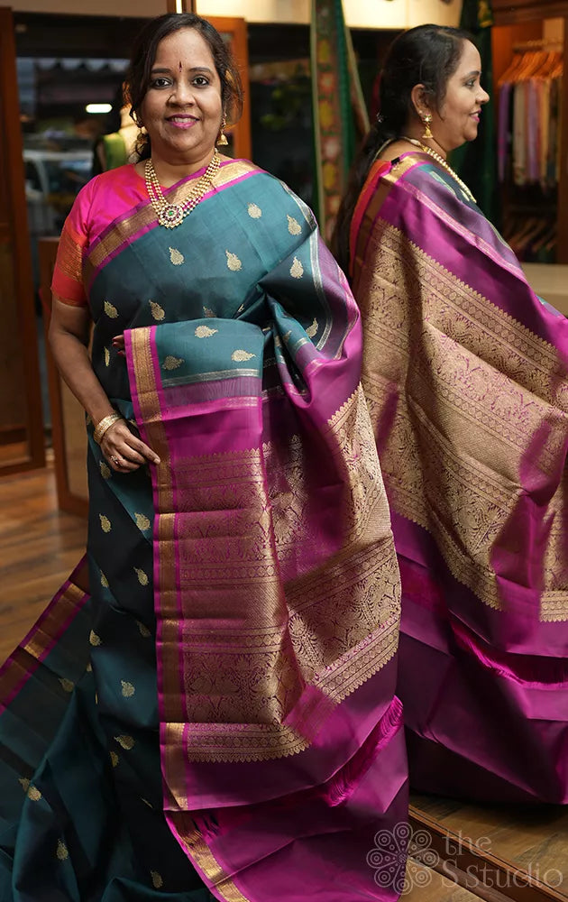 Rama blue with magenta small border kanjivaram silk saree
