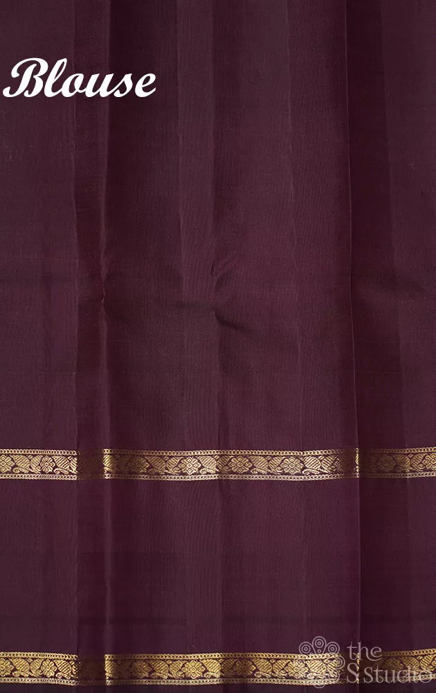 Brown zari checked kanjivaram silk saree with rettaipet border