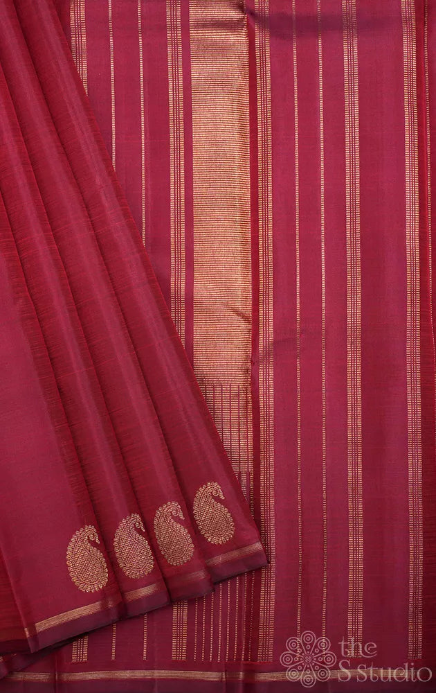 Maroon kanchi silk saree with mango motifs along the border