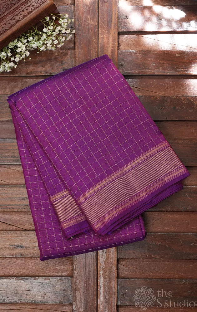 Purple zari checked kanjivaram silk saree with 8 kol woven pallu | B krishnamoorthy master weaver