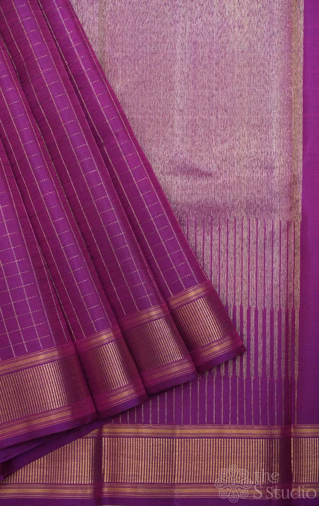 Purple zari checked kanjivaram silk saree with 8 kol woven pallu | B krishnamoorthy master weaver
