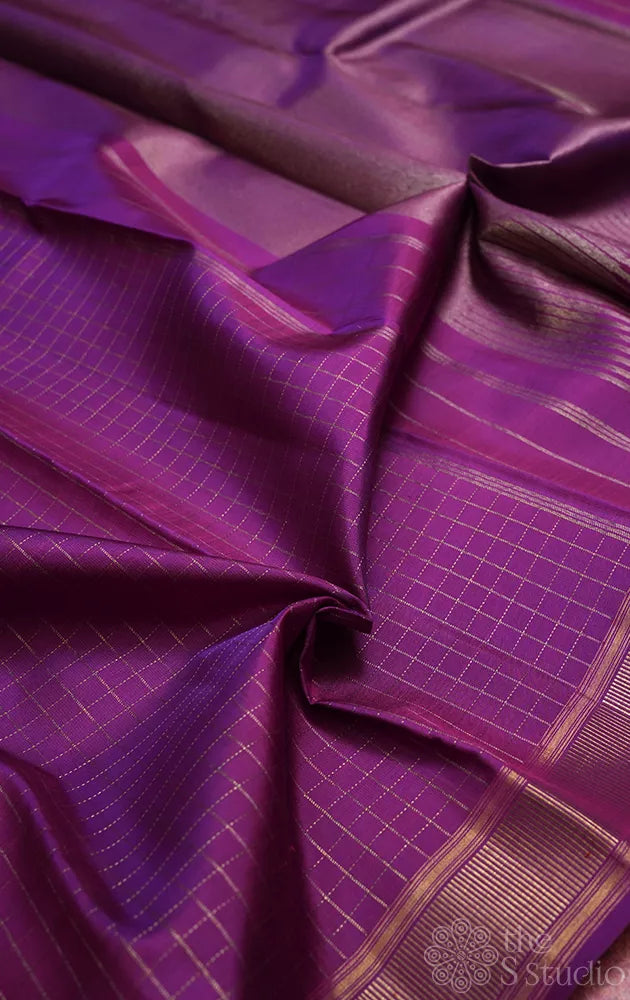 Purple zari checked kanjivaram silk saree with 8 kol woven pallu | B krishnamoorthy master weaver