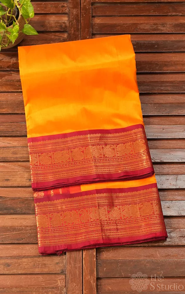 Yellow handloom silk cotton saree with korvai maroon border