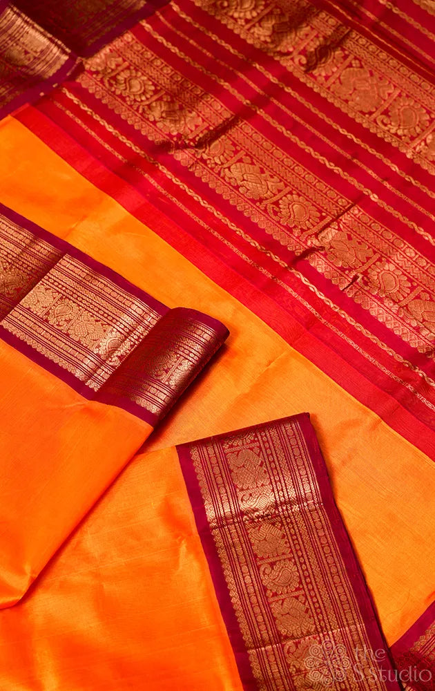 Yellow handloom silk cotton saree with korvai maroon border