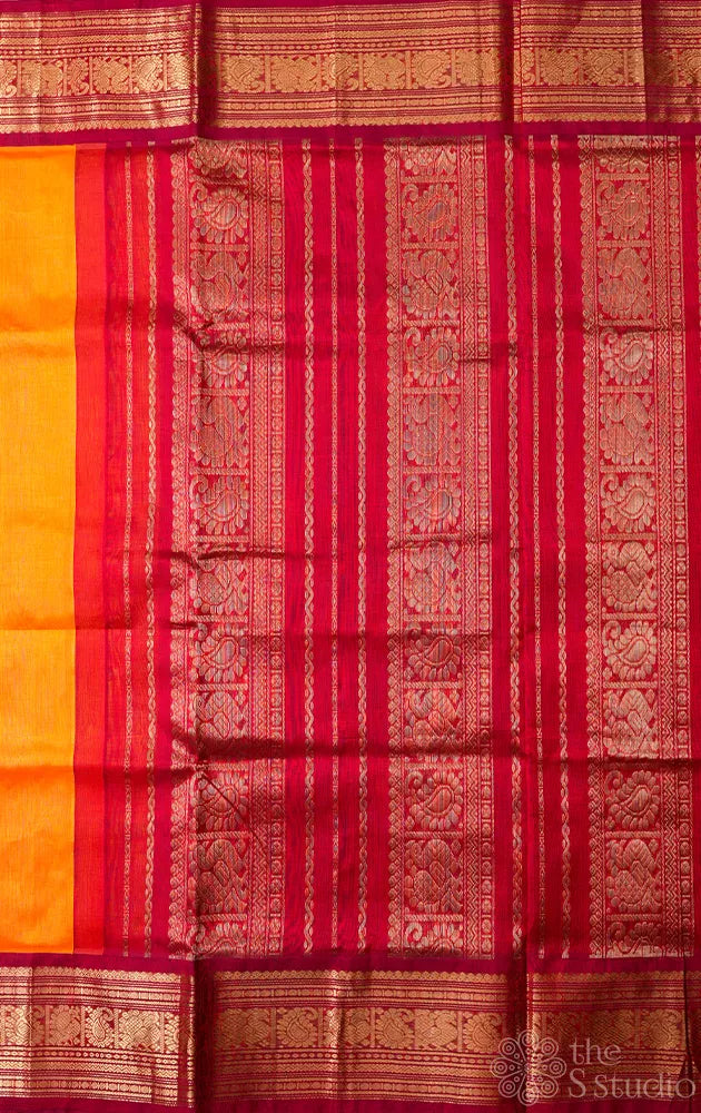 Yellow handloom silk cotton saree with korvai maroon border
