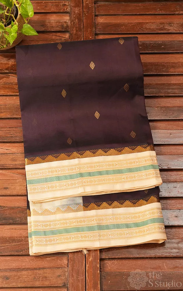 Brown handwoven silk cotton saree with korvai border