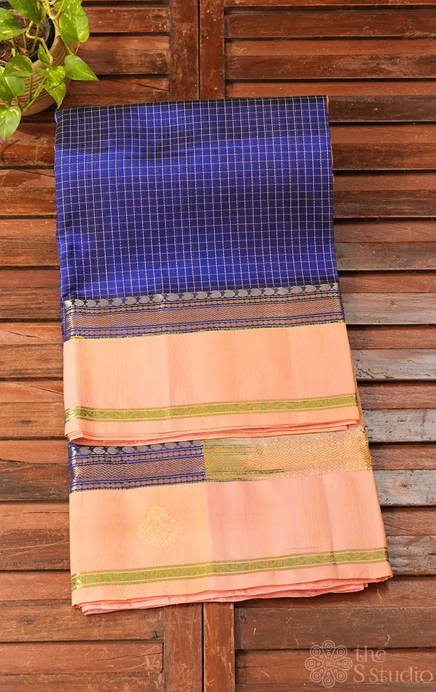 Blue checked handloom silk cotton saree with korvai border
