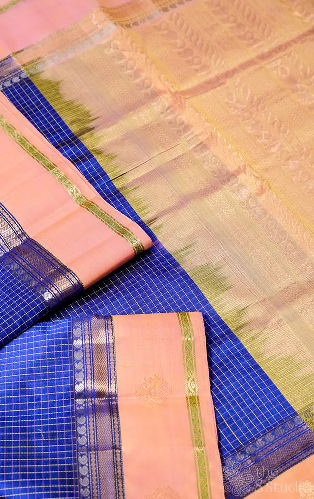Blue checked handloom silk cotton saree with korvai border