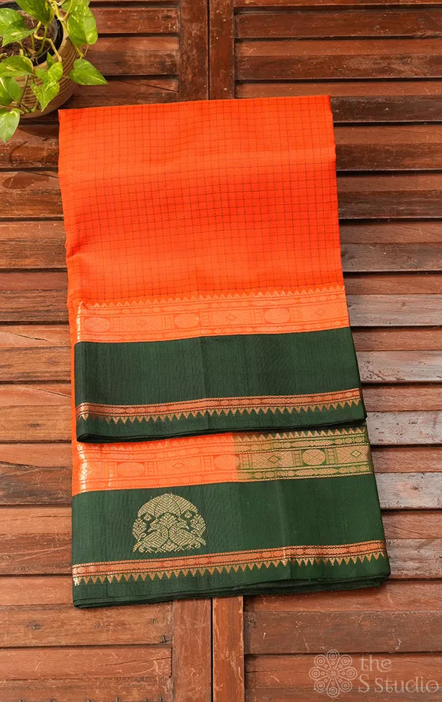 Orange checked handwoven silk cotton saree with korvai border
