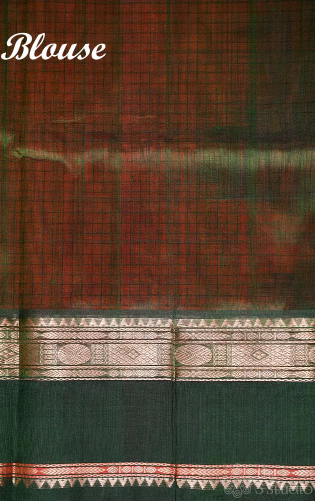Orange checked handwoven silk cotton saree with korvai border