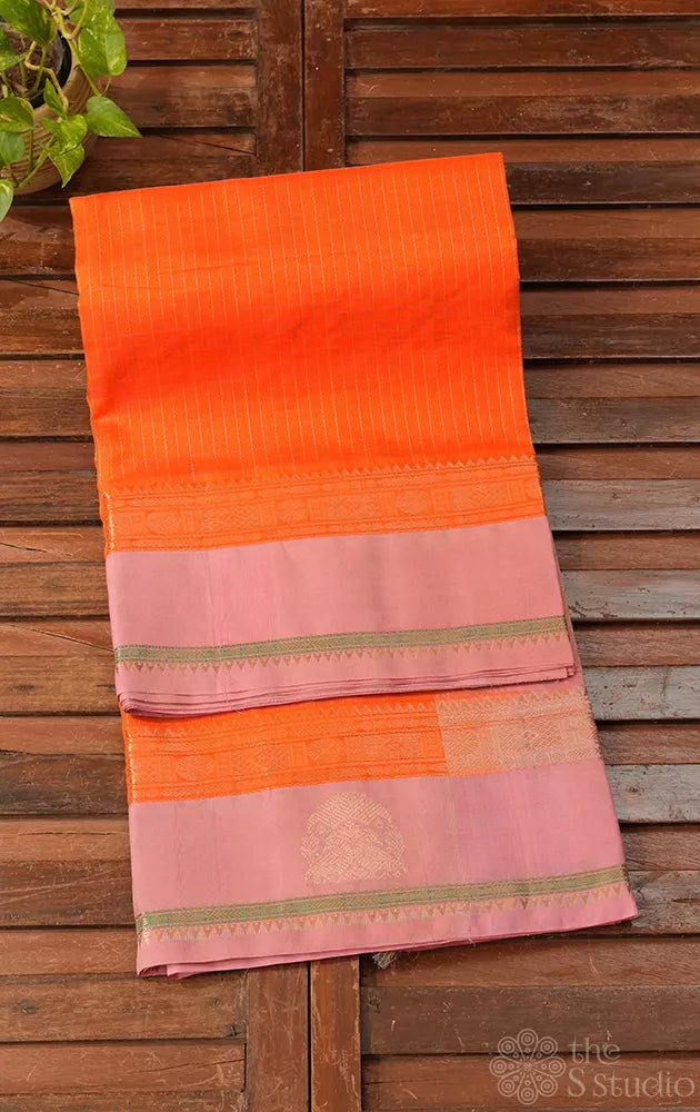 Orange handloom silk cotton saree with checks