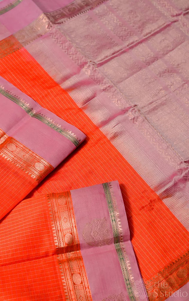 Orange handloom silk cotton saree with checks