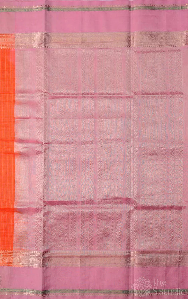 Orange handloom silk cotton saree with checks